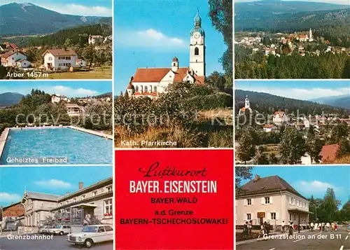 AK / Ansichtskarte Bayerisch_Eisenstein Panorama mit Arber Freibad Grenzbahnhof Kirche Grenzstation Bayerischer Wald Bayerisch_Eisenstein