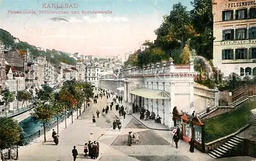 AK / Ansichtskarte Karlsbad_Eger Felsenquelle Muehlbrunnen Sprudelstrasse Karlsbad_Eger