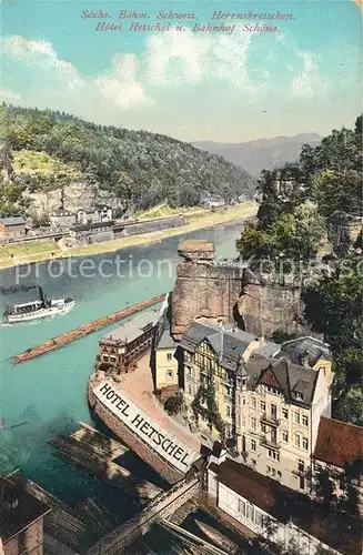 AK / Ansichtskarte Herrnskretschen_Boehmen Hotel Hetschel Bahnhof Schoena  