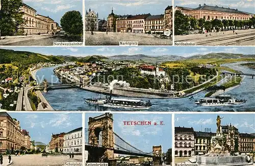 AK / Ansichtskarte Tetschen Bodenbach_Boehmen Nordwestbahnhof Marktplatz Schulplatz Kettenbruecke  Tetschen Bodenbach Boehmen