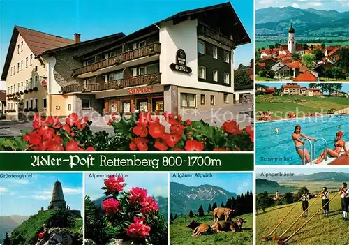 AK / Ansichtskarte Rettenberg_Oberallgaeu Hotel Gasthof Adler Post Alpenblick Alphornblaeser Alpenrosen Allgaeuer Alpvieh Freibad Rettenberg Oberallgaeu