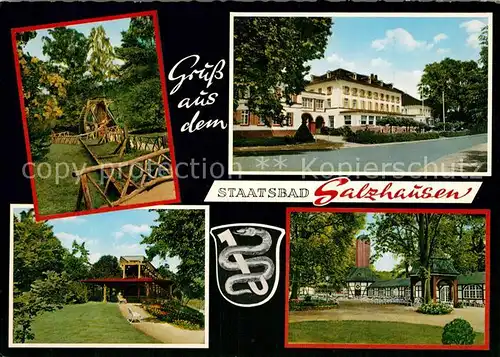 AK / Ansichtskarte Bad_Salzhausen Wasserrad Kurhotel Kurpark Restaurant Gradierwerk Bad_Salzhausen