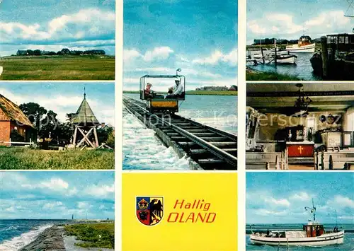 AK / Ansichtskarte Hallig_Oland Panorama Hafen Lorendamm Glockenturm Fischkutter Kueste Hallig_Oland