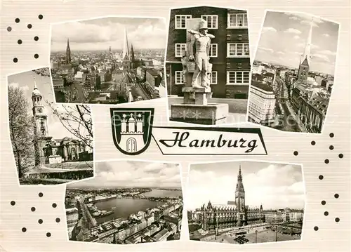 AK / Ansichtskarte Hamburg Stadtpanorama Der Michel Michaeliskirche Wahrzeichen Jungfernstieg Alster Rathaus Hummel Denkmal Hamburg