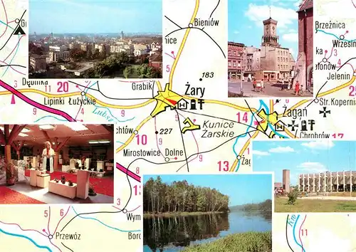 AK / Ansichtskarte Zary Stadtpanorama Innenstadt Gebaeude Partie am Fluss Landkarte Zary