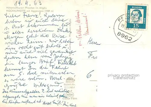 AK / Ansichtskarte Pfronten Hochalphuette mit Aggenstein Allgaeuer Alpen Blumen Pfronten