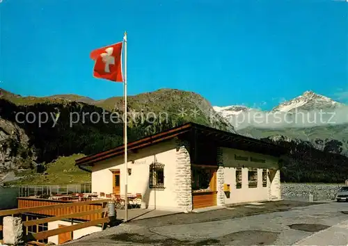 AK / Ansichtskarte Julierpasshoehe Restaurant Marmorerasee am Julierpass Schweizer Flagge Alpen Julierpasshoehe