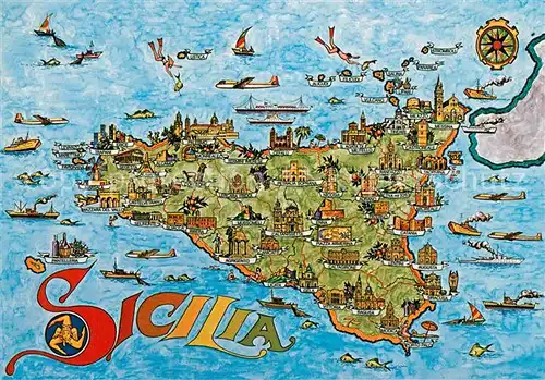 AK / Ansichtskarte Sicilia Landkarte Insel mit Sehenswuerdigkeiten Sicilia