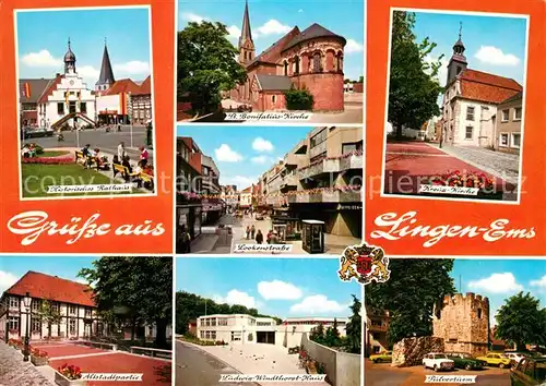AK / Ansichtskarte Lingen_Ems Rathaus Sankt Bonifatius Kirche Kreuzkirche Pulverturm Lingen_Ems