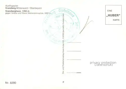 AK / Ansichtskarte Mittenwald_Bayern Kranzberghaus Wettersteingebirge Huber Karte Nr 8290 Mittenwald Bayern