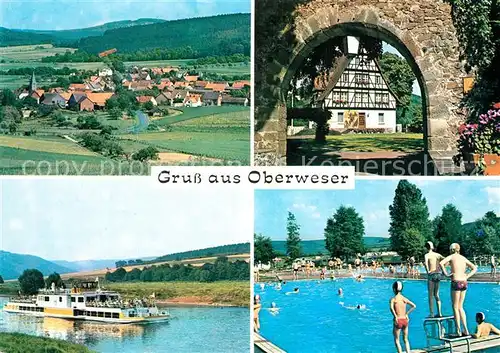 AK / Ansichtskarte Oberweser_Hessen Panorama Torbogen Faehre Schwimmbad Oberweser Hessen