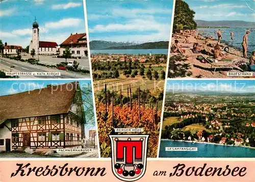 AK / Ansichtskarte Kressbronn_Bodensee Strand Fachwerkhaeuser Hauptstrasse Katholische Kirche Kressbronn Bodensee