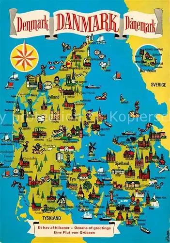 AK / Ansichtskarte Daenemark Landkarte mit Sehenswuerdigkeiten Krone Daenemark