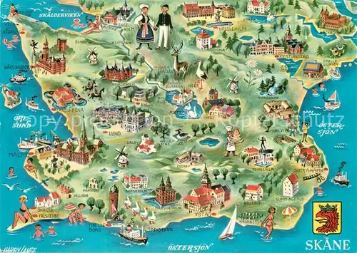 AK / Ansichtskarte Skane Provinz Landkarte mit Sehenswuerdigkeiten Skane