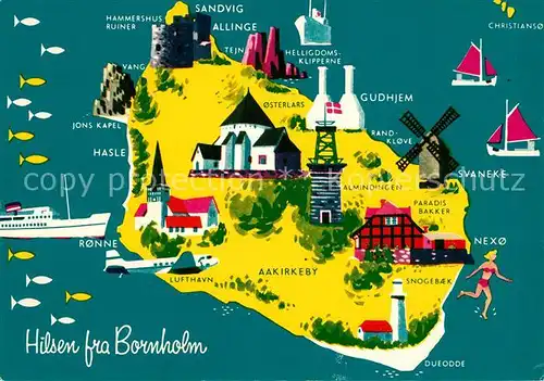 AK / Ansichtskarte Bornholm Landkarte Insel mit Sehenswuerdigkeiten Kuenstlerkarte Bornholm