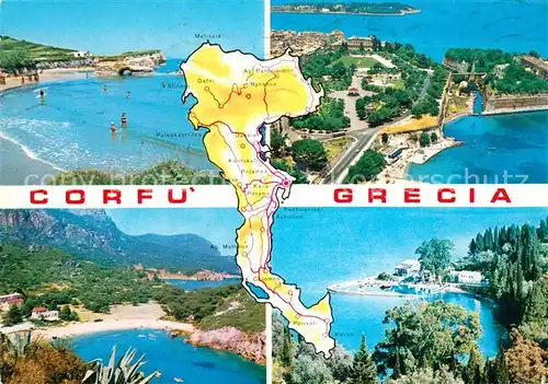 AK / Ansichtskarte Corfu_Korfu Landkarte Adriainsel Badestrand Bucht Fliegeraufnahme Corfu Korfu