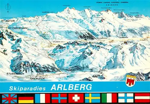 AK / Ansichtskarte Lech_Vorarlberg uebersicht Wintersportgebiet am Arlberg Nationalflaggen Lech Vorarlberg