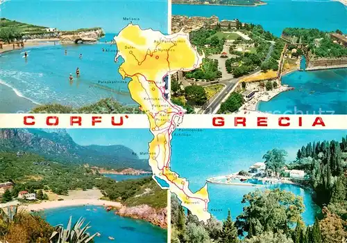 AK / Ansichtskarte Corfu_Korfu Landkarte Insel Badestrand Bucht Fliegeraufnahme Corfu Korfu