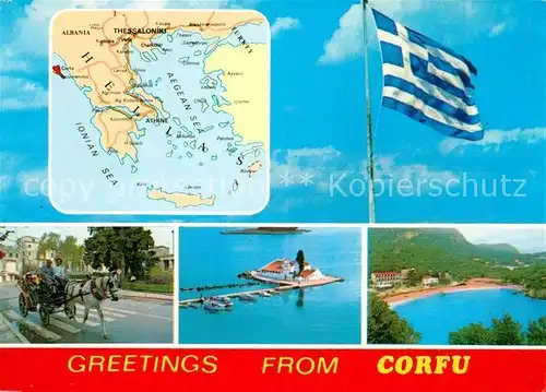 AK / Ansichtskarte Corfu_Korfu Landkarte Griechische Insel aegaeis Nationalflagge Orte der Insel Corfu Korfu