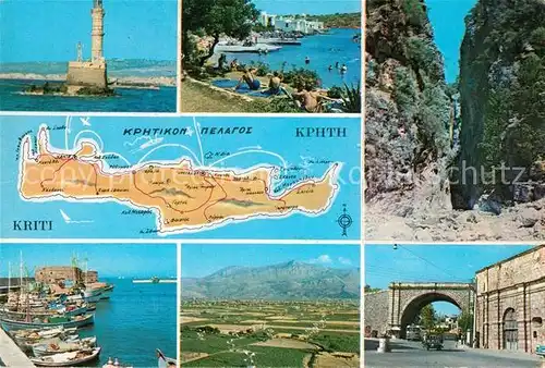 AK / Ansichtskarte Kriti Landkarte Insel Motive Landesinneres Hafen Strassenpartie Kriti
