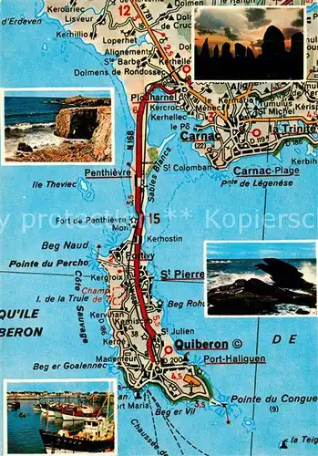AK / Ansichtskarte Quiberon_Morbihan Landkarte Halbinsel Kuestenpanorama Brandung Hafen Quiberon Morbihan