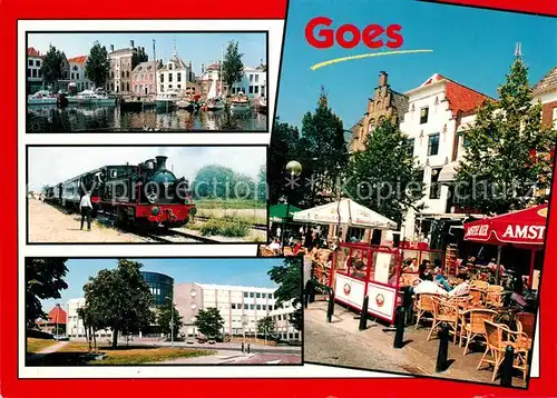 AK / Ansichtskarte Goes_Netherlands Partie am Hafen Dampflokomotive Gebaeude Strassencafes Goes_Netherlands
