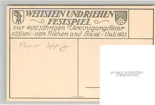 AK / Ansichtskarte Riehen Wettstein und Riehen Festspiel Kuenstlerkarte Riehen