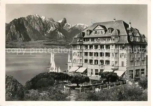 AK / Ansichtskarte Hilterfingen_Thunersee Hotel Bellevue au Lac mit Stockhornkette Hilterfingen Thunersee