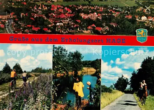 AK / Ansichtskarte Hage_Ostfriesland Panorama Reitergruppe Angler Radler Hage_Ostfriesland