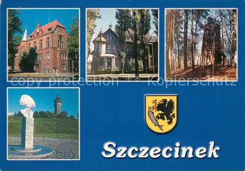 AK / Ansichtskarte Szczecinek Budynek Szkoly Muzycznej i Siedziba KPPD Ulica Mickiewicza Wieza Przemyslawa Pomnik ku Czci Zolnierzy Napoleonskich Szczecinek