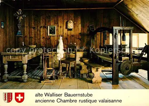 AK / Ansichtskarte Brig_VS Alte Walliser Bauernstube Webstuhl Spinnrad Brig_VS