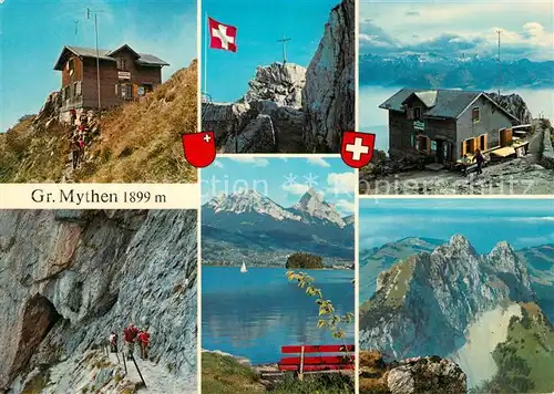 AK / Ansichtskarte Mythen_SZ Mythen Kulm Bergrestaurant Gipfelkreuz Schweizer Flagge Bergwandern Urner Alpen Lowerzersee Mythen_SZ