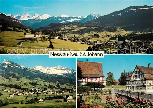 AK / Ansichtskarte Neu_St_Johann Landschaftspanorama Alpen Ortsmotiv Bruecke Fachwerkhaus Neu_St_Johann