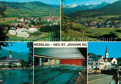 AK / Ansichtskarte Neu_St_Johann Landschaftspanorama Alpen Ortsmotiv mit Kirche Hallenbad Partie am Fluss Neu_St_Johann
