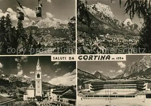 AK / Ansichtskarte Cortina_d_Ampezzo Bergbahn Kirche Sportzentrum Alpenpanorama Cortina_d_Ampezzo
