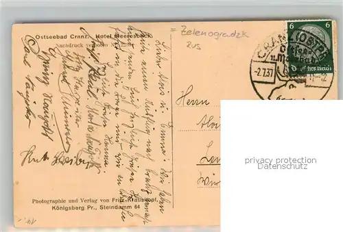 AK / Ansichtskarte Cranz_Ostseebad Hotel Meeresblick Cranz_Ostseebad