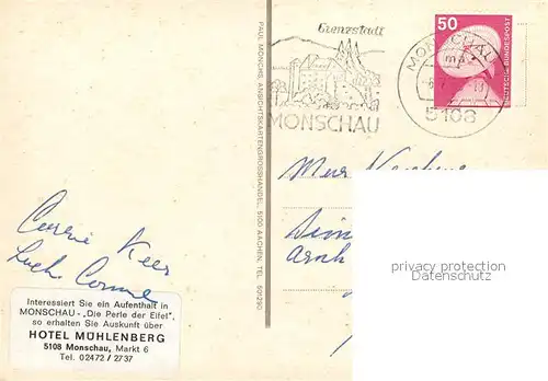 AK / Ansichtskarte Monschau Fliegeraufnahme Hotel Muehlenberg Monschau