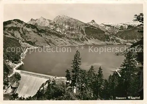 AK / Ansichtskarte Waegitalersee Stausee Sperrmauer Gasthaus Stausee Innertal Alpenpanorama Waegitalersee