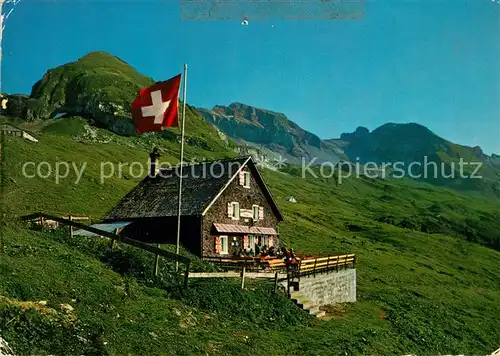 AK / Ansichtskarte Unteriberg Kaesernalp Drusberghuette mit Drusberg und Forstberg Schweizer Flagge Unteriberg