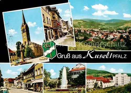 AK / Ansichtskarte Kusel Ev Kirche mit Hutmacherbrunnen Trierer Str Rosengarten Bahnhofstr Ev Krankenhaus Kusel