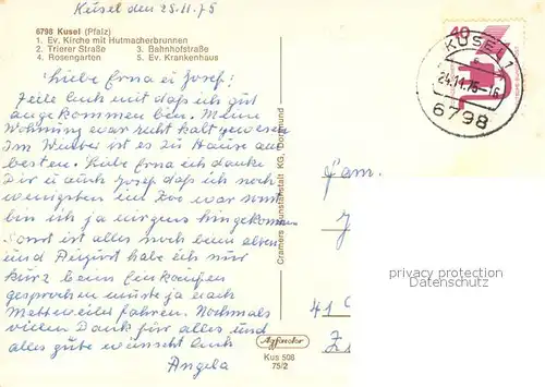 AK / Ansichtskarte Kusel Ev Kirche mit Hutmacherbrunnen Trierer Str Rosengarten Bahnhofstr Ev Krankenhaus Kusel