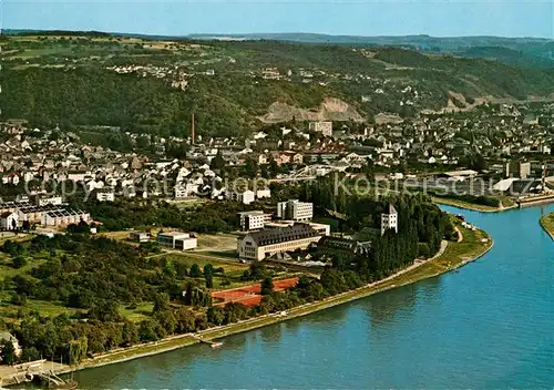 AK / Ansichtskarte Lahnstein Lahnmuendung mit Burg Lahneck Fliegeraufnahme Lahnstein