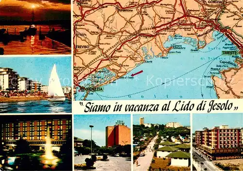 AK / Ansichtskarte Jesolo Carta Automobilistica Landkarte Strassenkarte Sonnenuntergang am Meer Segelboot Hotels Campingplatz Bungalows Jesolo