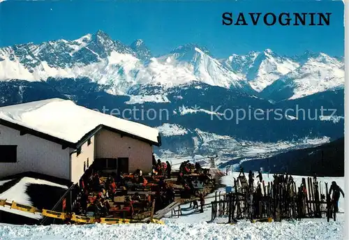 AK / Ansichtskarte Savognin Berghuette Berggaststaette Wintersportplatz Alpenpanorama Savognin