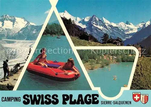 AK / Ansichtskarte Sierre_Salquenen_Salgesch Camping Swiss Plage Schlauchboot Badesee Bergwandern Gletscher Alpenpanorama 