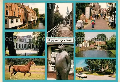 AK / Ansichtskarte Appingedam Haeuserpartie am Wasser Bruecke Fussgaengerzone Pferd Statue Appingedam