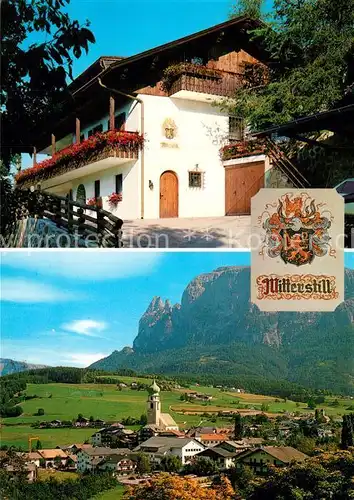 AK / Ansichtskarte Voels_Schlern_Suedtirol Hotel Garni Mitterstill Wappen Ortsansicht mit Kirche Alpen Voels_Schlern_Suedtirol