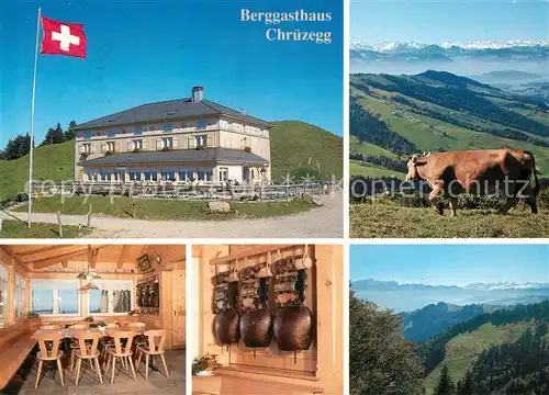 AK / Ansichtskarte Chruezegg Berggasthaus Schweizer Flagge Kuh Blick gegen Innerschweizer Alpen Berneralpen Saentiskette Churfirsten Appenzeller Alpen Chruezegg