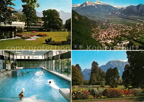 AK / Ansichtskarte Bad_Ragaz Grand Hotel Hof Ragaz Hallenbad Parkanlagen mit Falknis Panorama Churfirsten Gonzen Alvier Bad_Ragaz