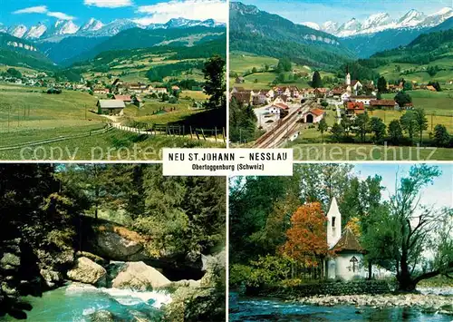 AK / Ansichtskarte Neu_St_Johann Gesamtansicht mit Alpenpanorama mit Churfirsten Schindelberg Naturbruecke Inseli in der Thur Kapelle Neu_St_Johann